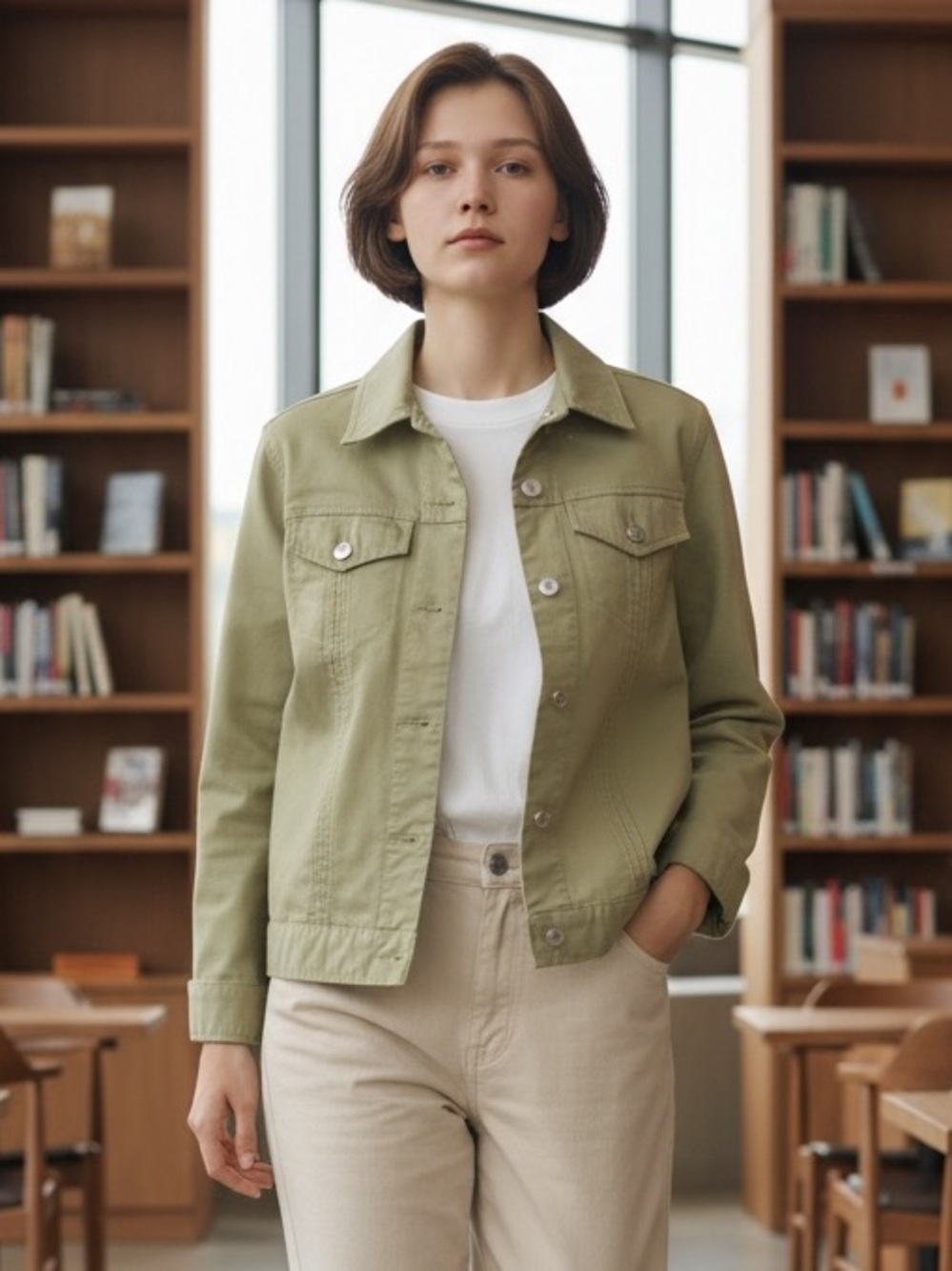 Women's Light Green Button-Front Jean Jacket